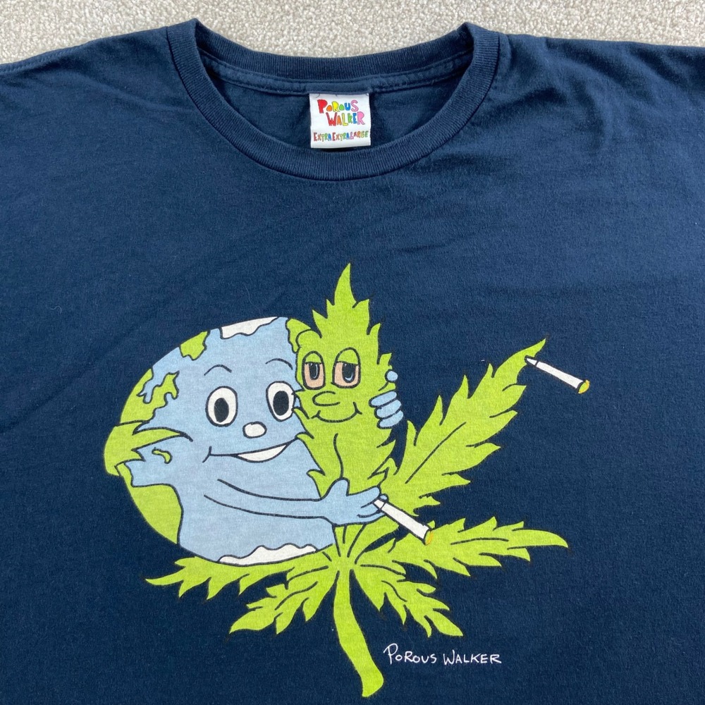 Porous Walker Graphic T-Shirt Mens 2XL Navy Blue Earth Cannabis Leaf Smoke Tee